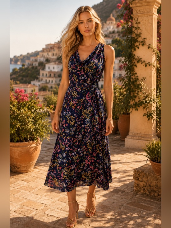 Leota Dresses & Skirts - Leota Navy Floral Cowl-Neck Midi Dress with Tie Waist